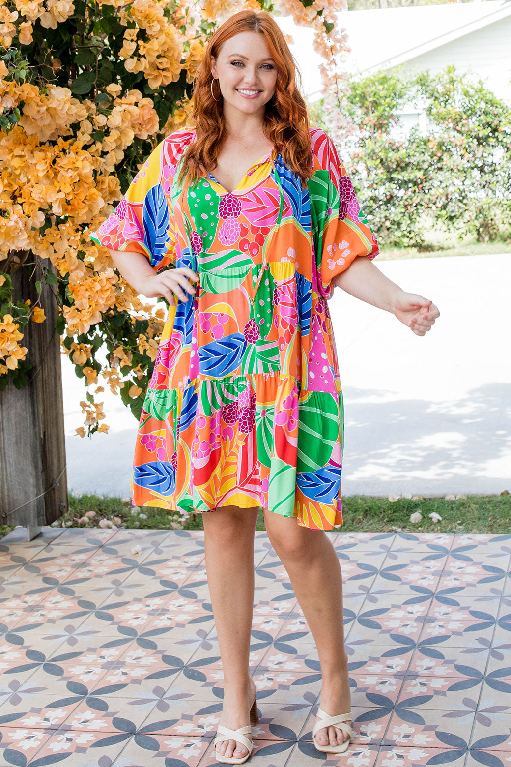 Megan Dress Birthday Print Multi Orange Sherbet