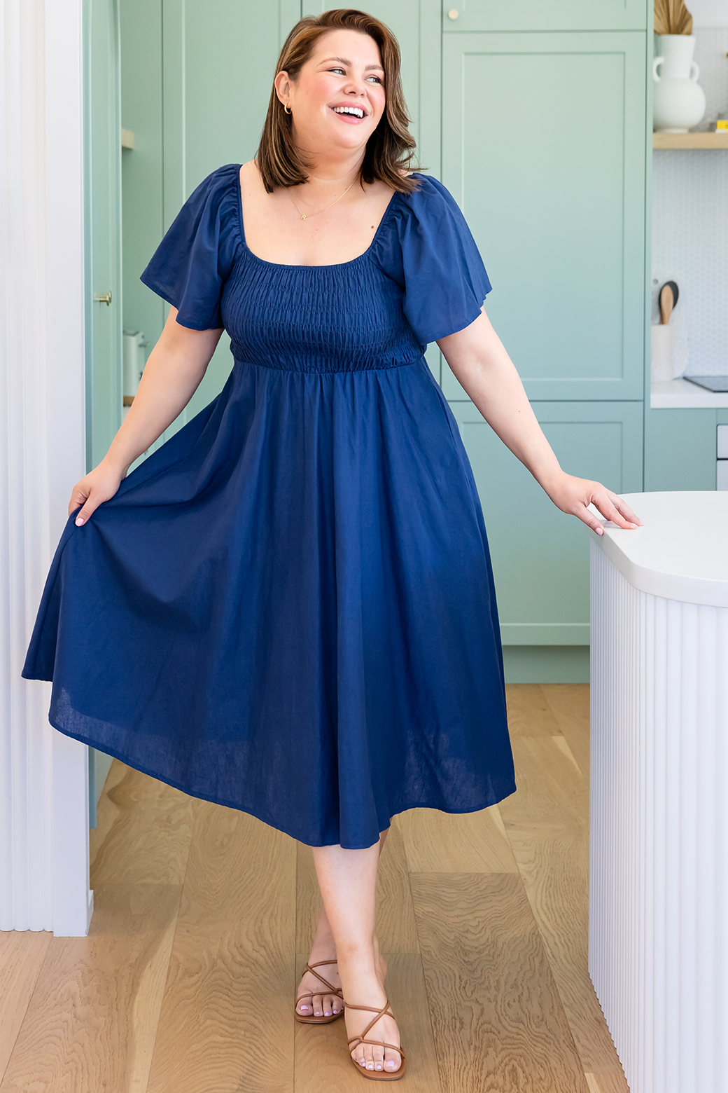 Ailish Shirred Midi Dress Deep Blue