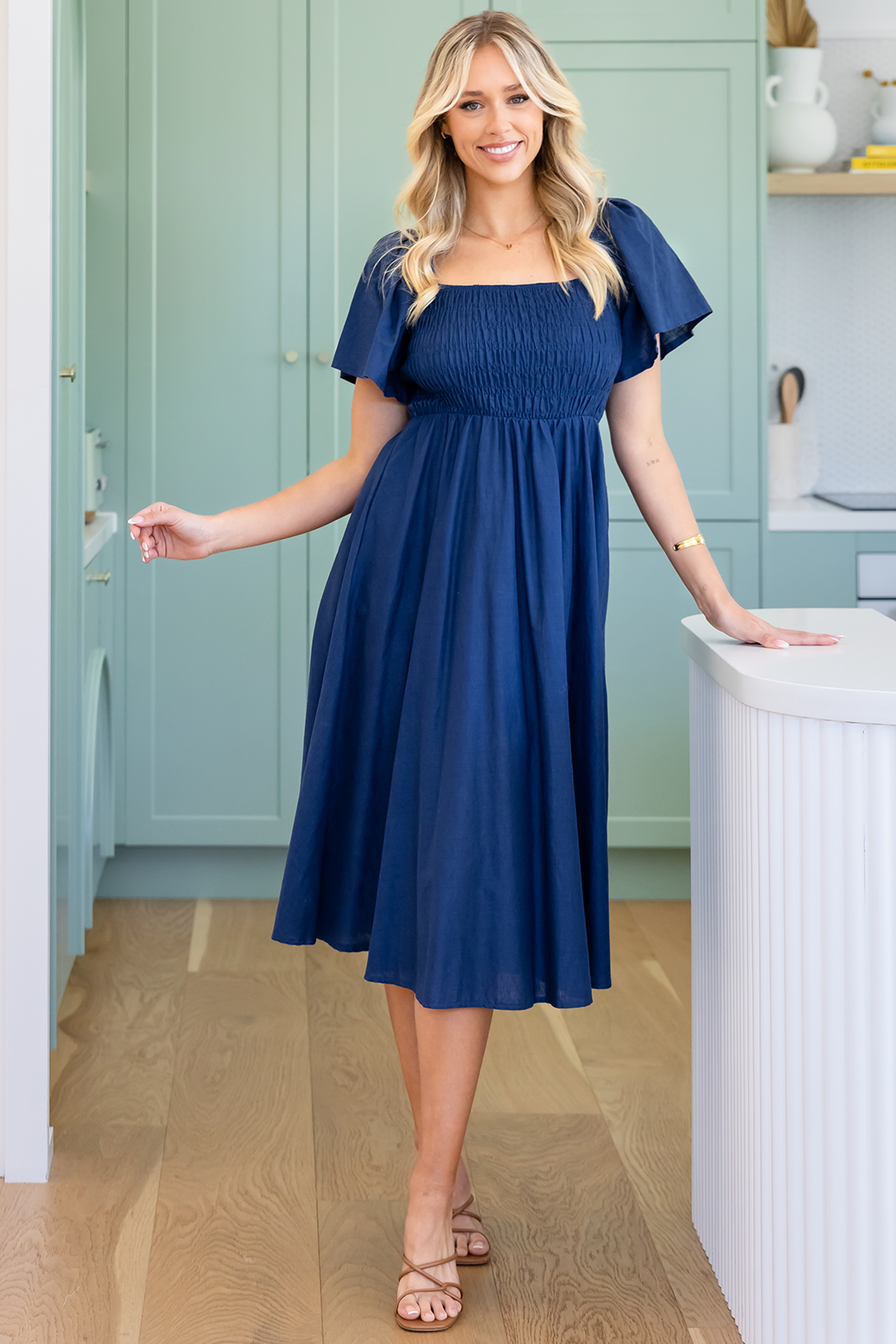 Ailish Shirred Midi Dress Deep Blue