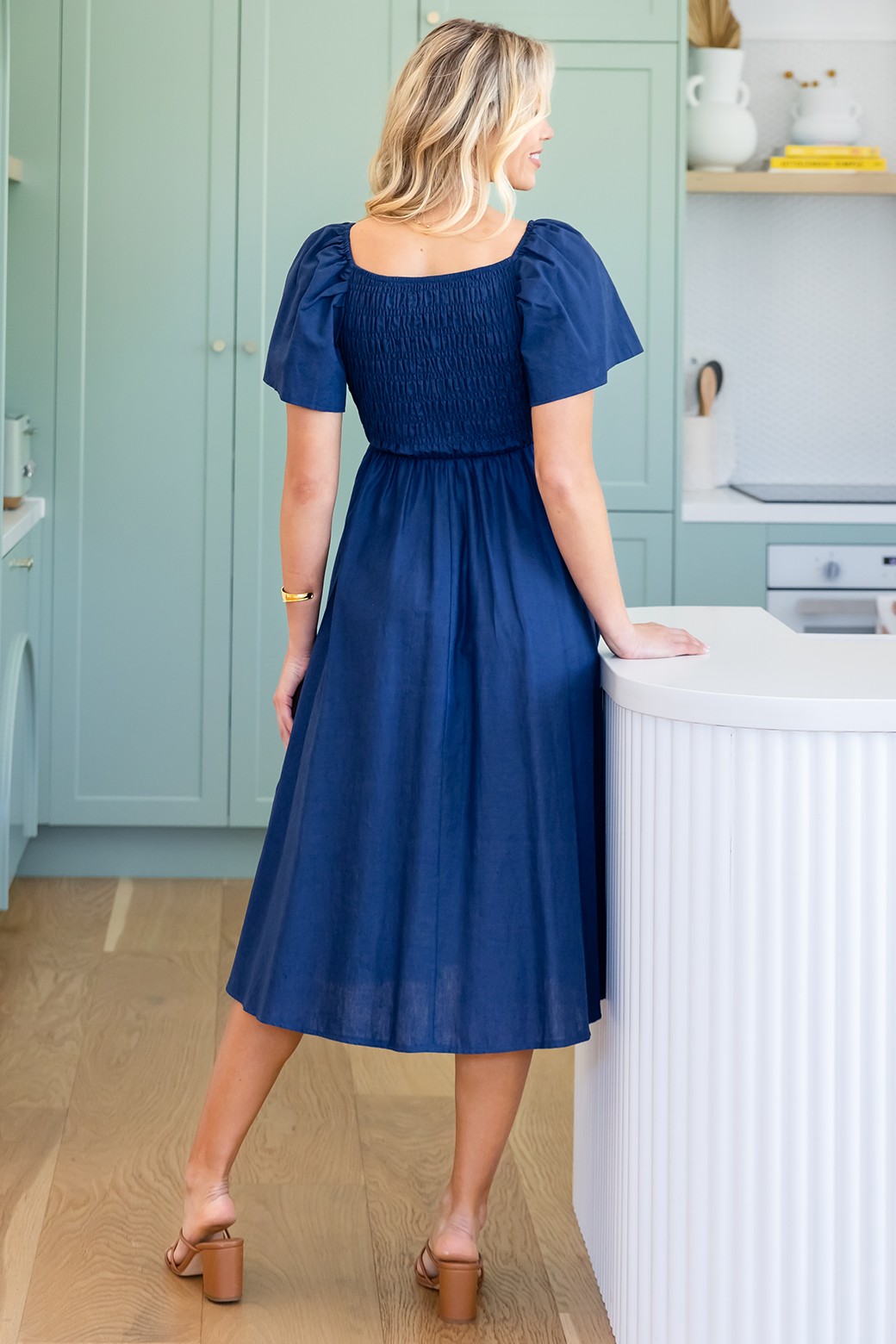 Ailish Shirred Midi Dress Deep Blue