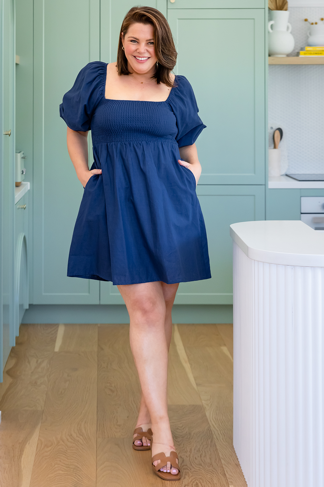 Elouise Shirred Dress Deep Blue