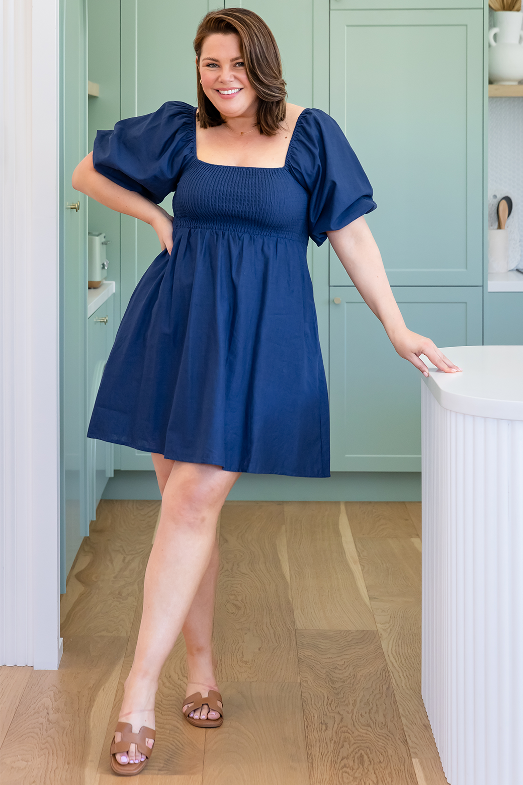 Elouise Shirred Dress Deep Blue