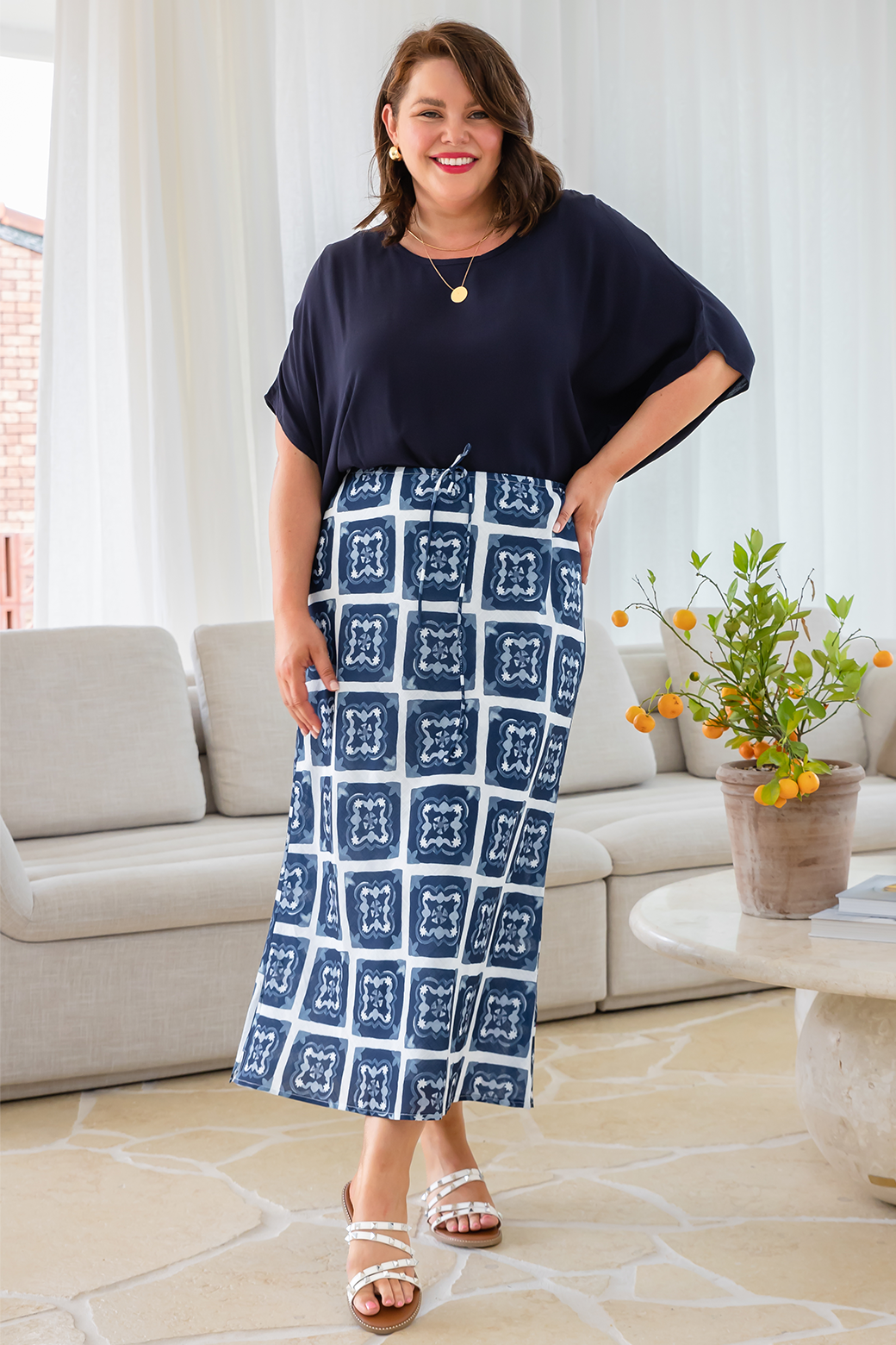 Lyla Bias Skirt Alara Print Navy