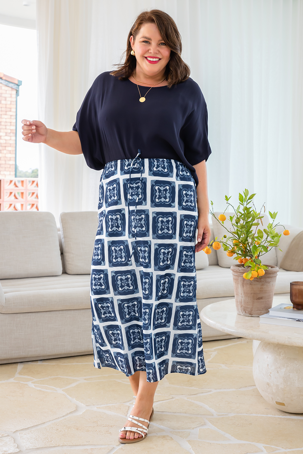 Lyla Bias Skirt Alara Print Navy