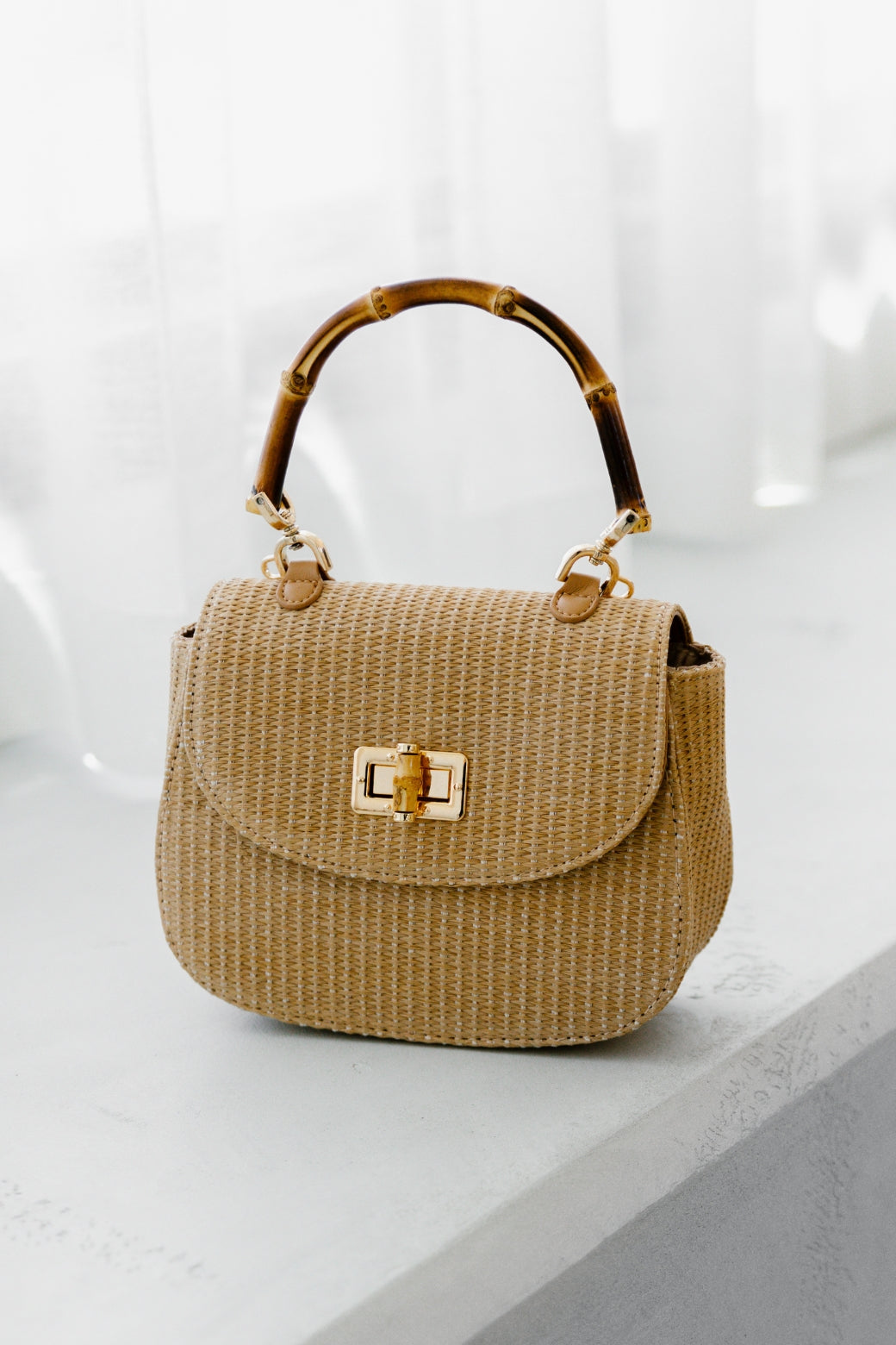 Adorne Marissa Woven Bamboo Curved Mini Bag Natural