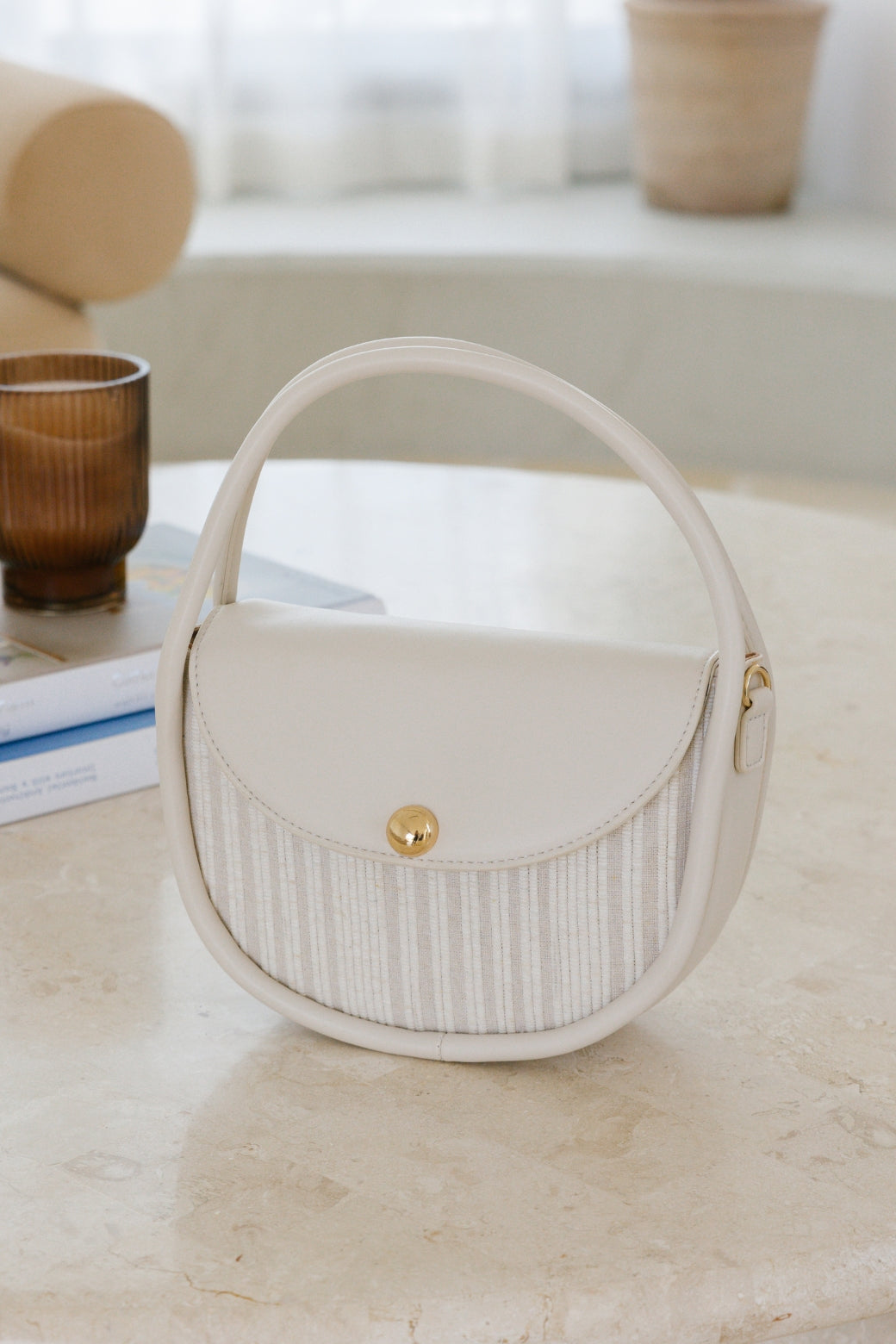 Adorne Violetta Stripe Weave Circular Mini Bag Cream