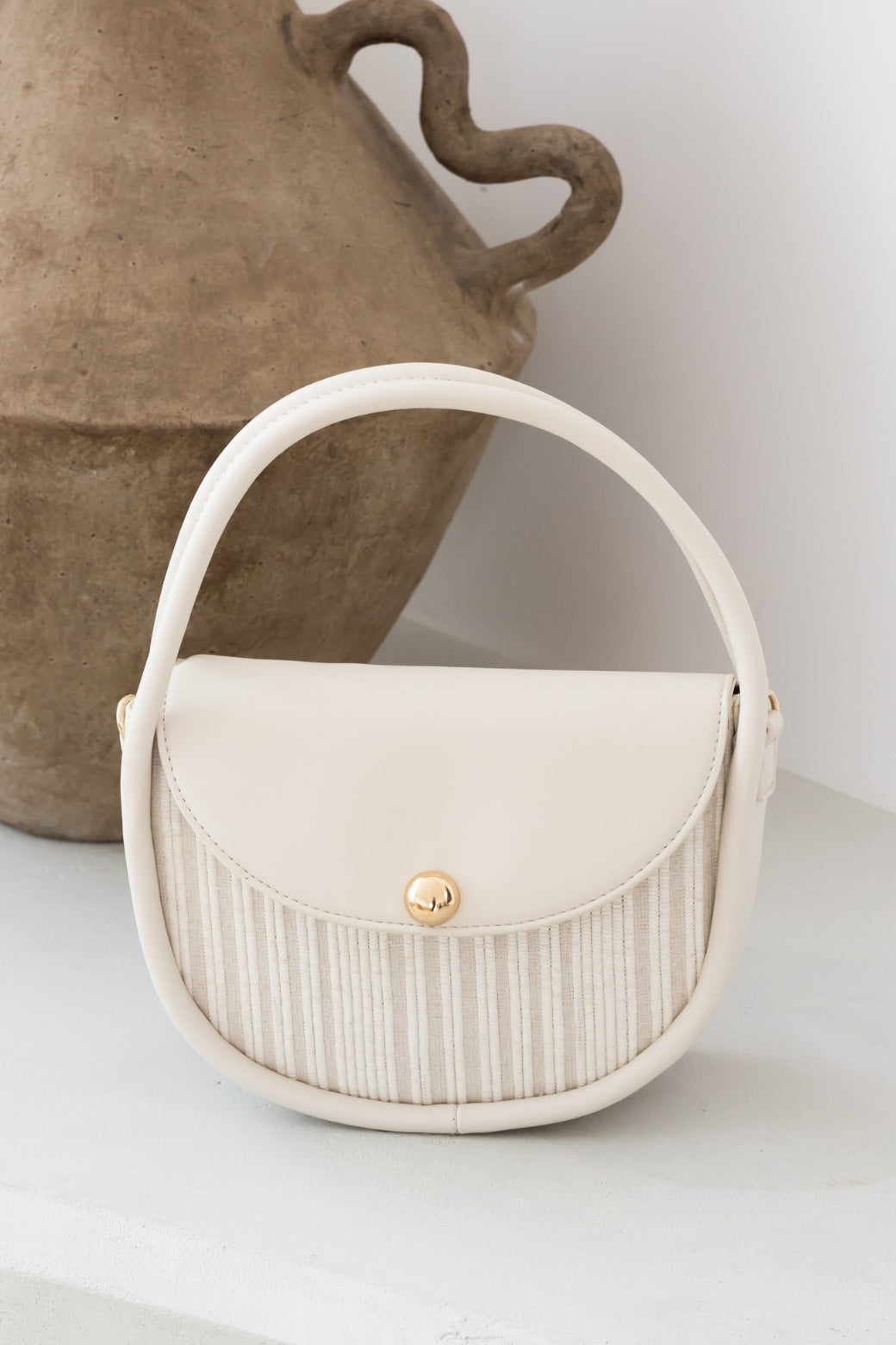 Adorne Violetta Stripe Weave Circular Mini Bag Cream