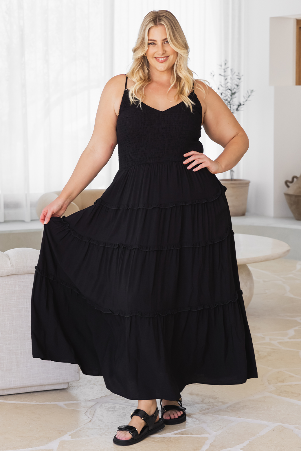 Austen V-Neck Shirred Maxi Dress Black