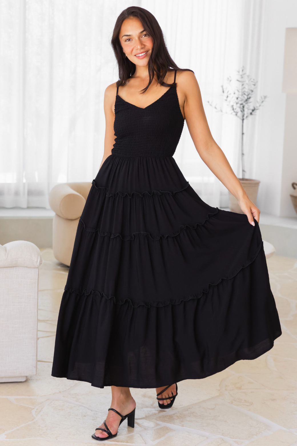 Austen V-Neck Shirred Maxi Dress Black