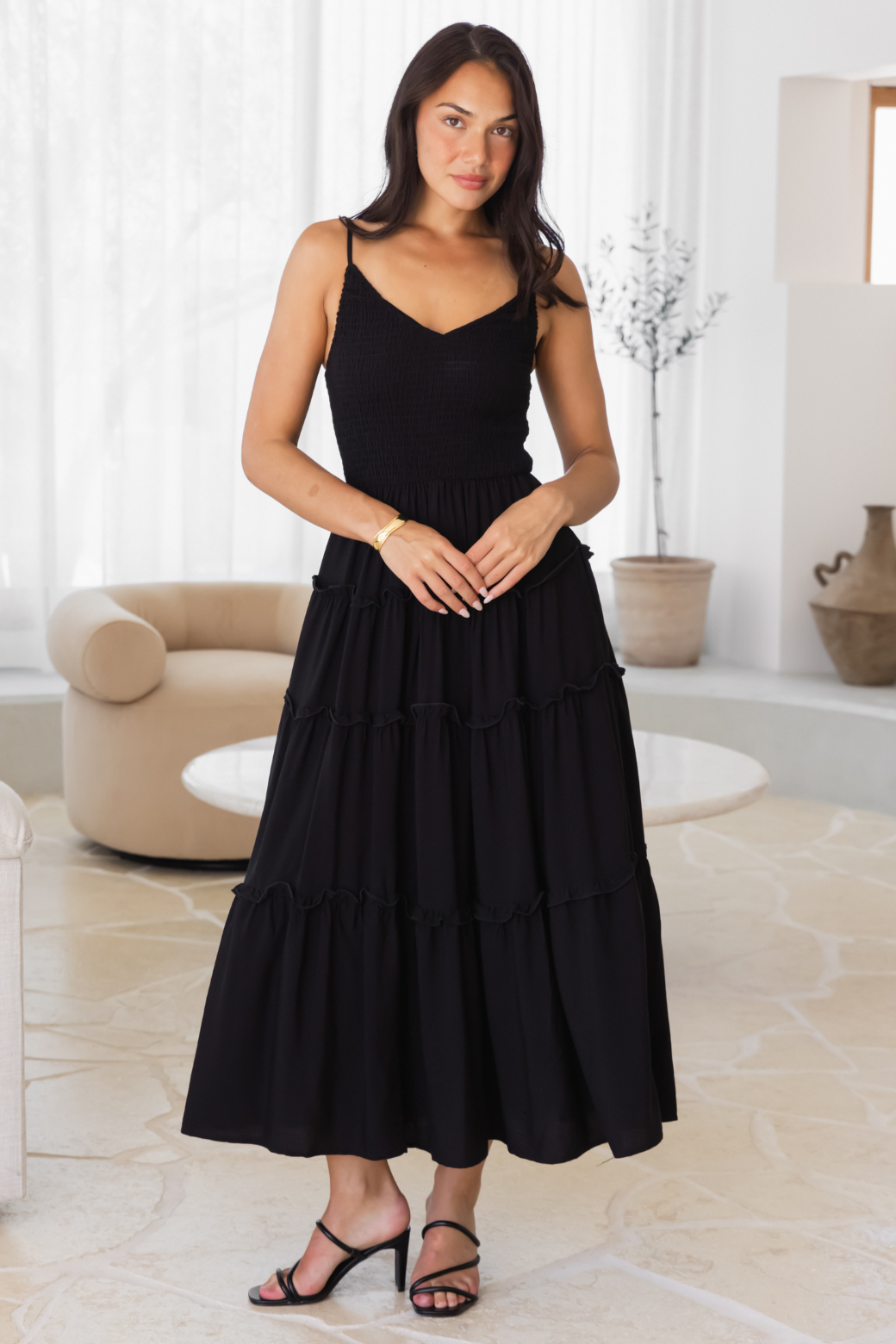 Austen V-Neck Shirred Maxi Dress Black