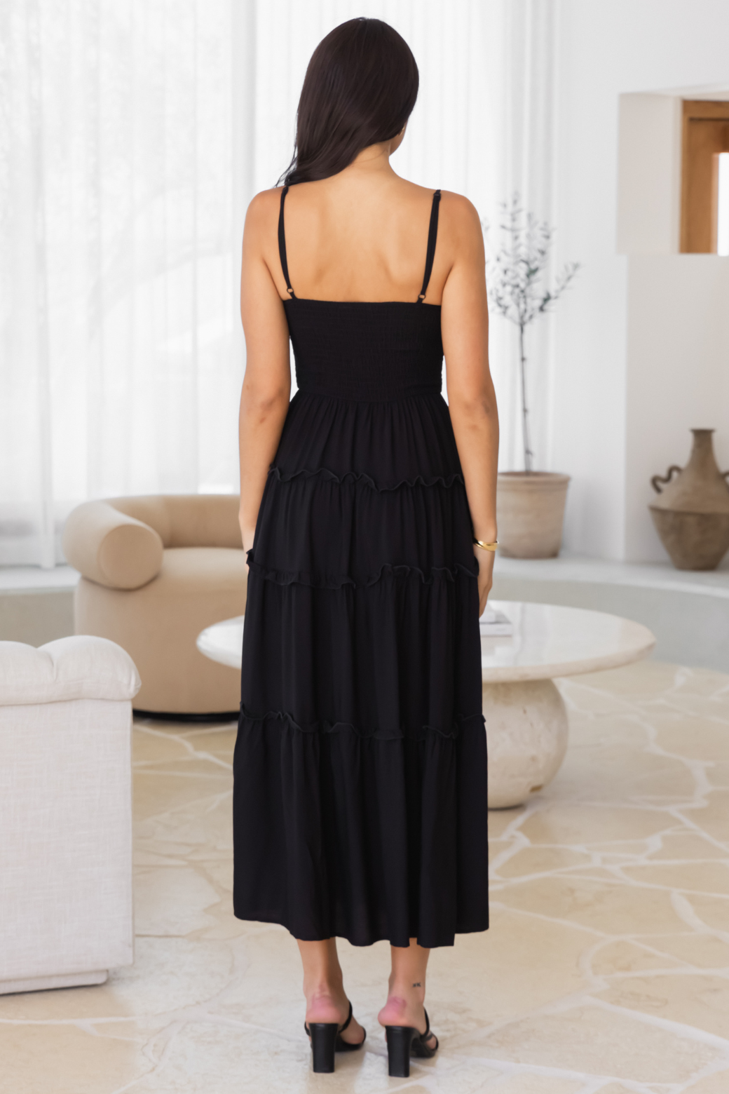 Austen V-Neck Shirred Maxi Dress Black