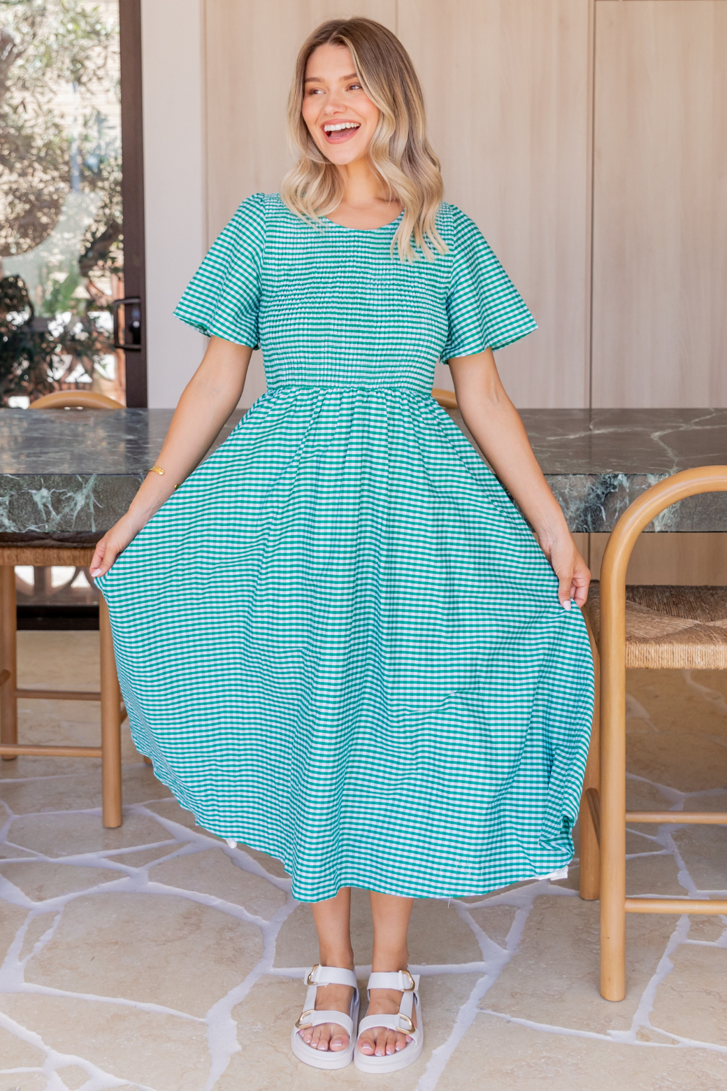 Candace Shirred Midi Dress Green Gingham