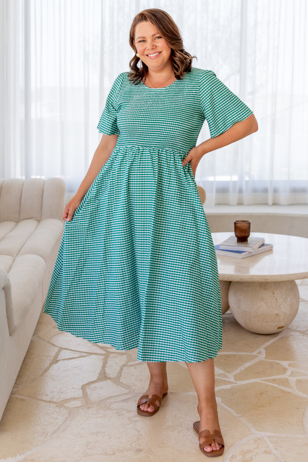 Candace Shirred Midi Dress Green Gingham