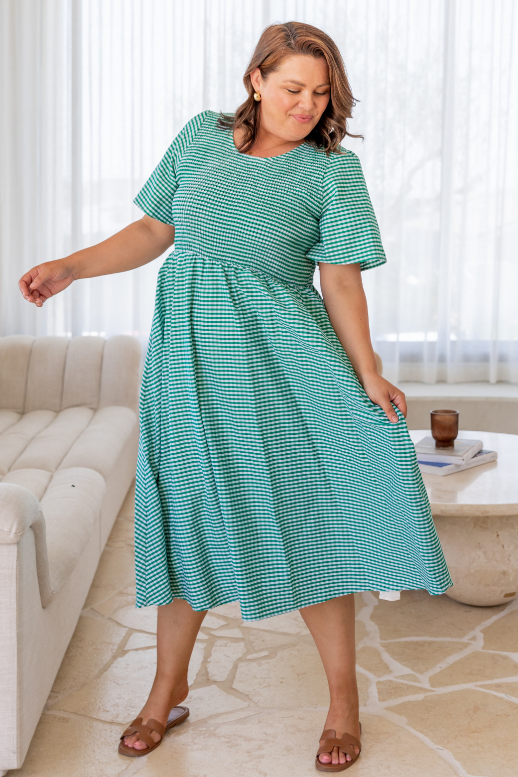 Candace Shirred Midi Dress Green Gingham