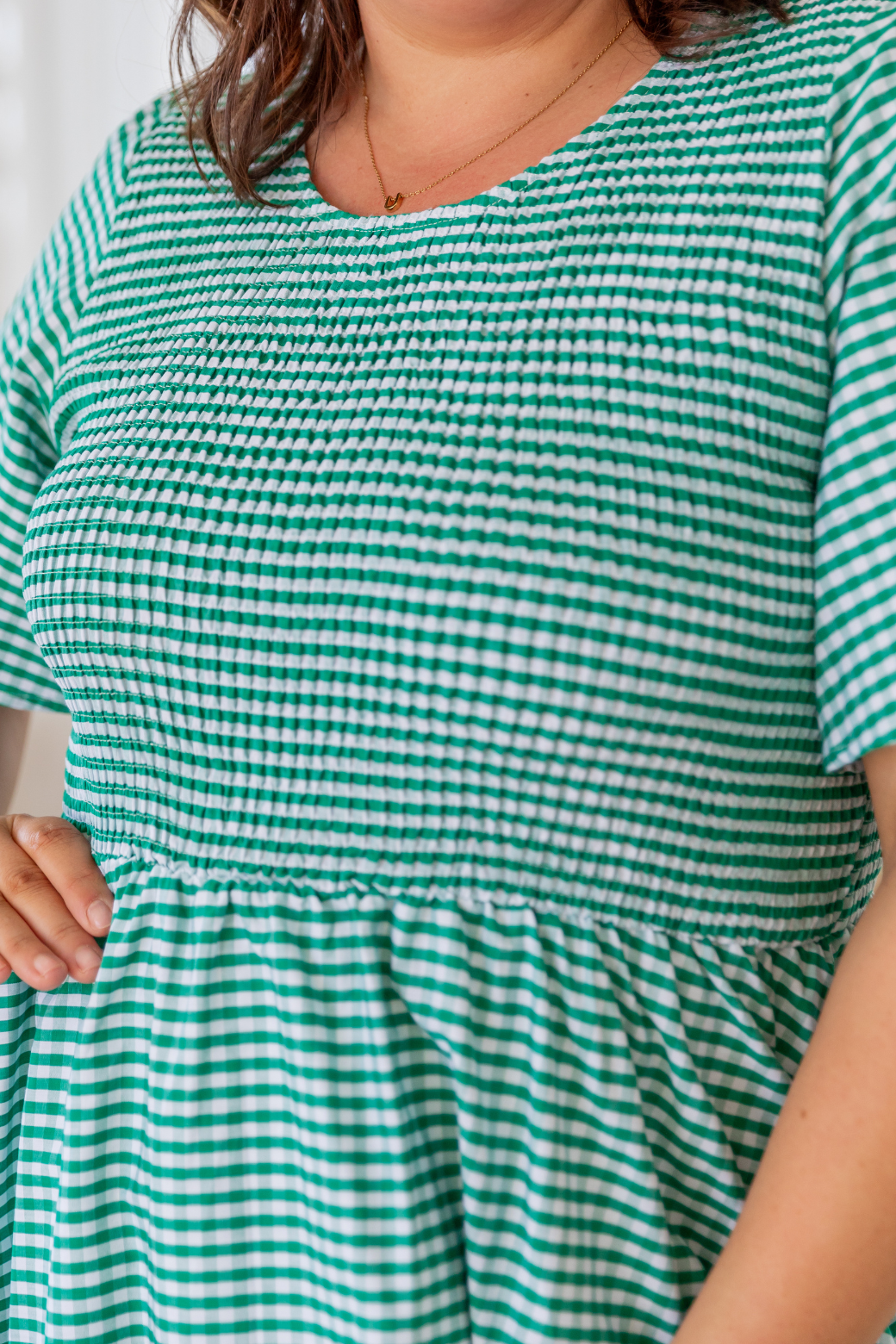 Candace Shirred Midi Dress Green Gingham