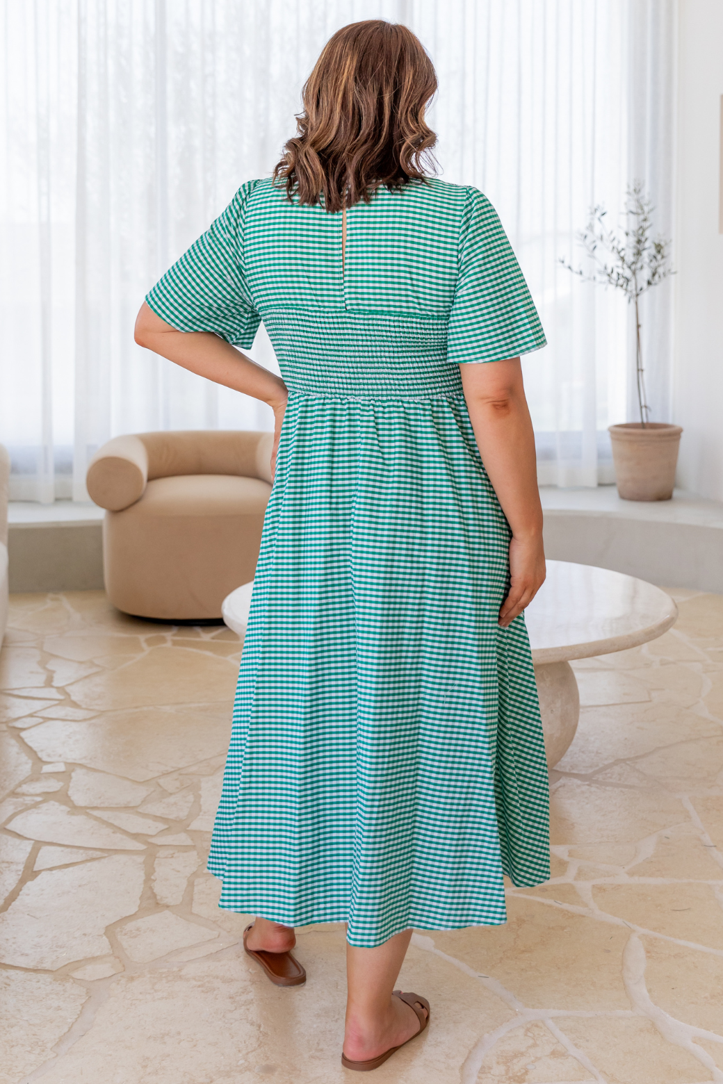 Candace Shirred Midi Dress Green Gingham