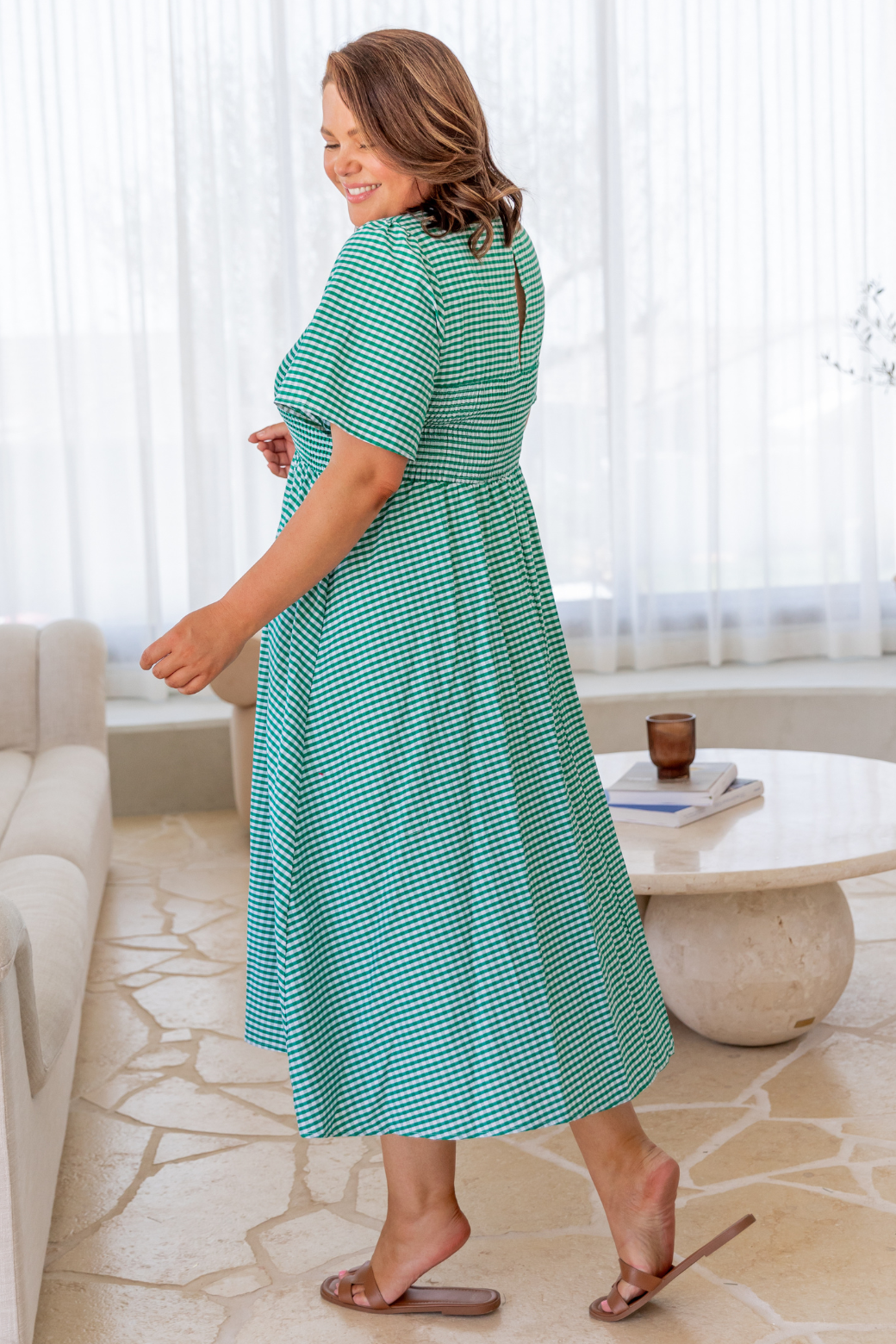 Candace Shirred Midi Dress Green Gingham