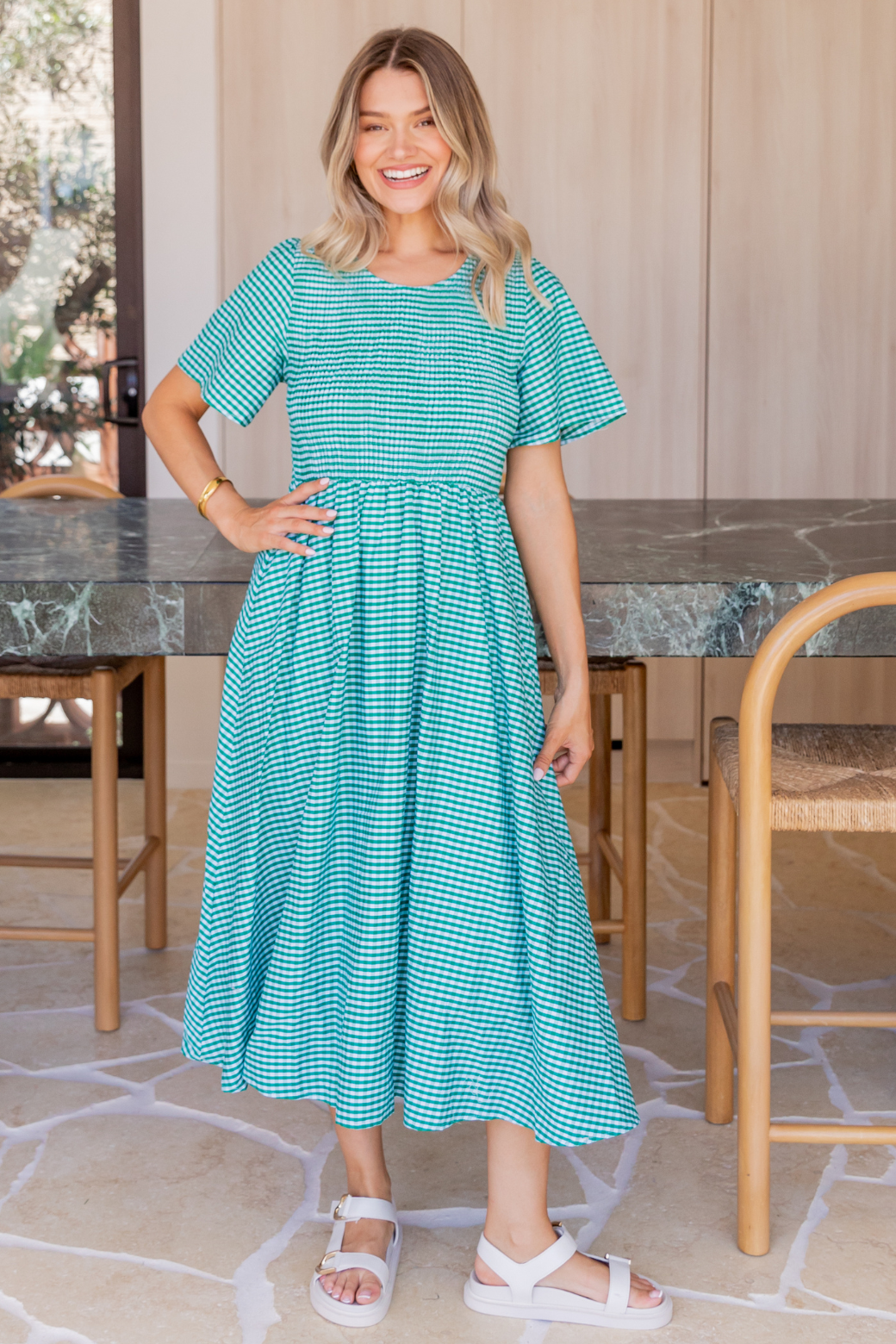 Candace Shirred Midi Dress Green Gingham