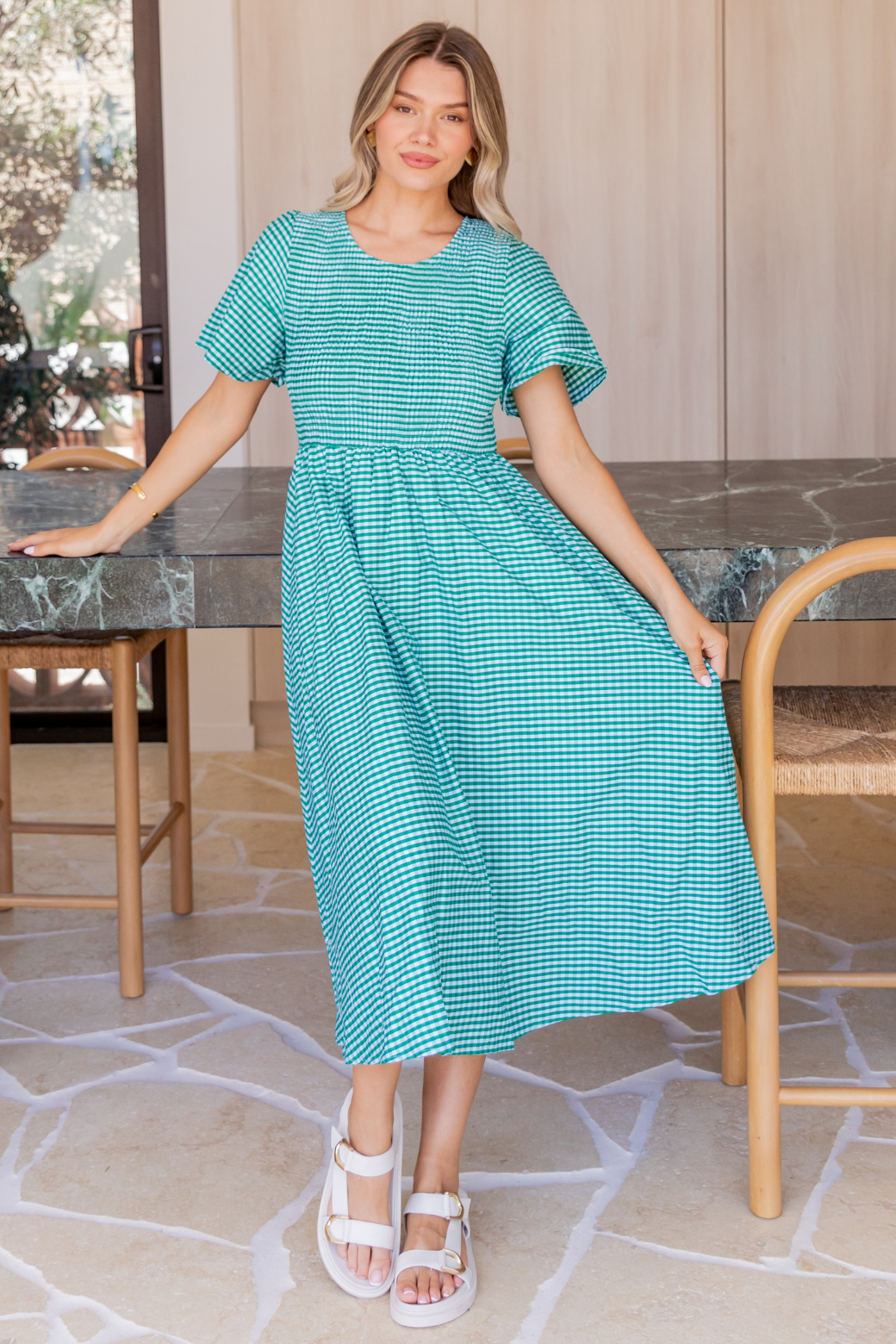 Candace Shirred Midi Dress Green Gingham