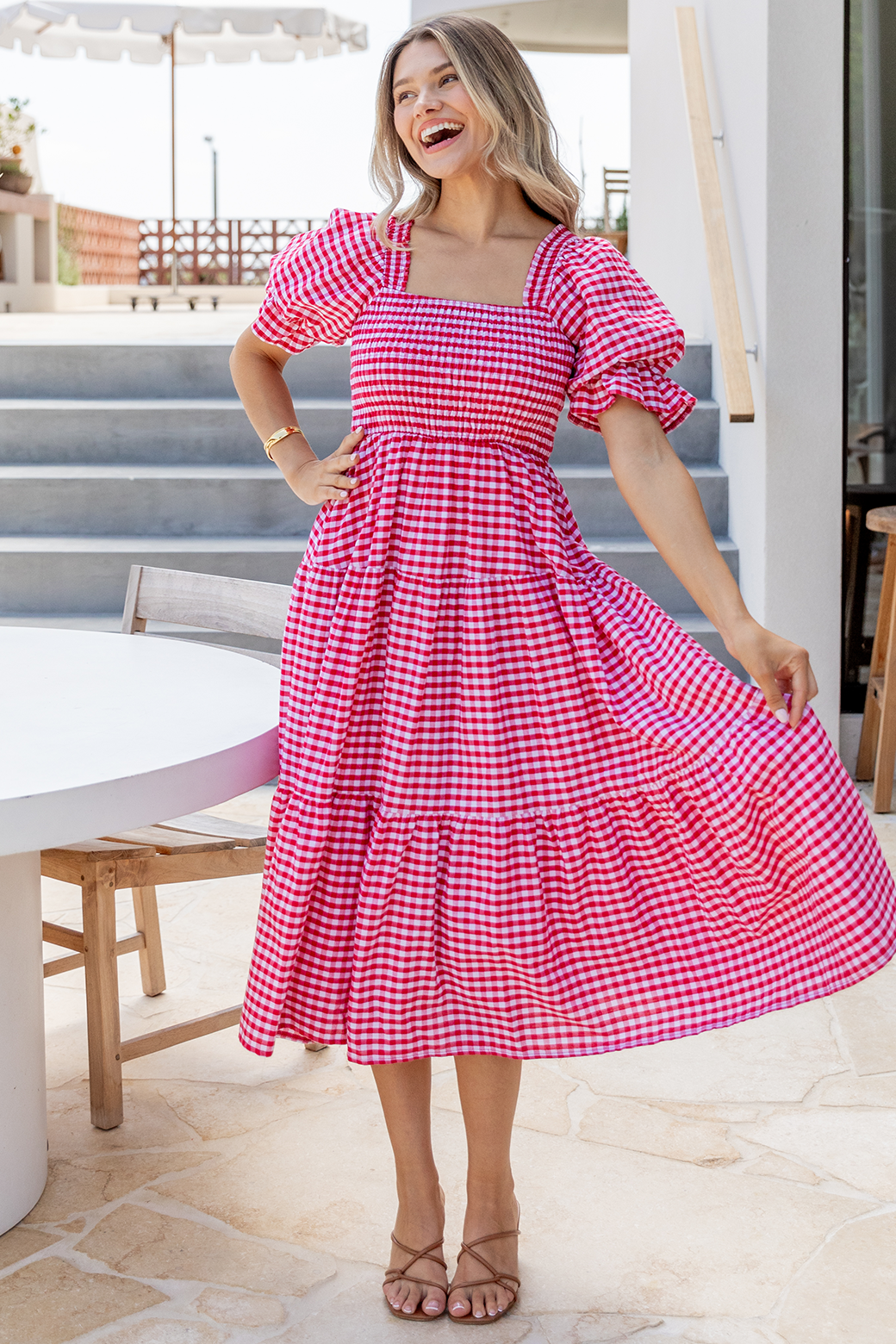 Farrah Puff Sleeve Midi Dress Red Gingham