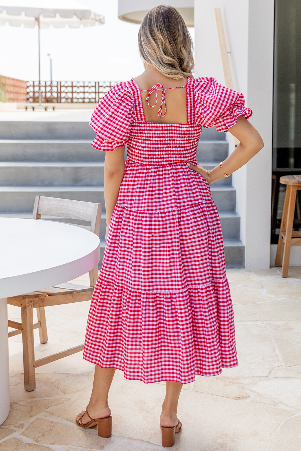 Farrah Puff Sleeve Midi Dress Red Gingham