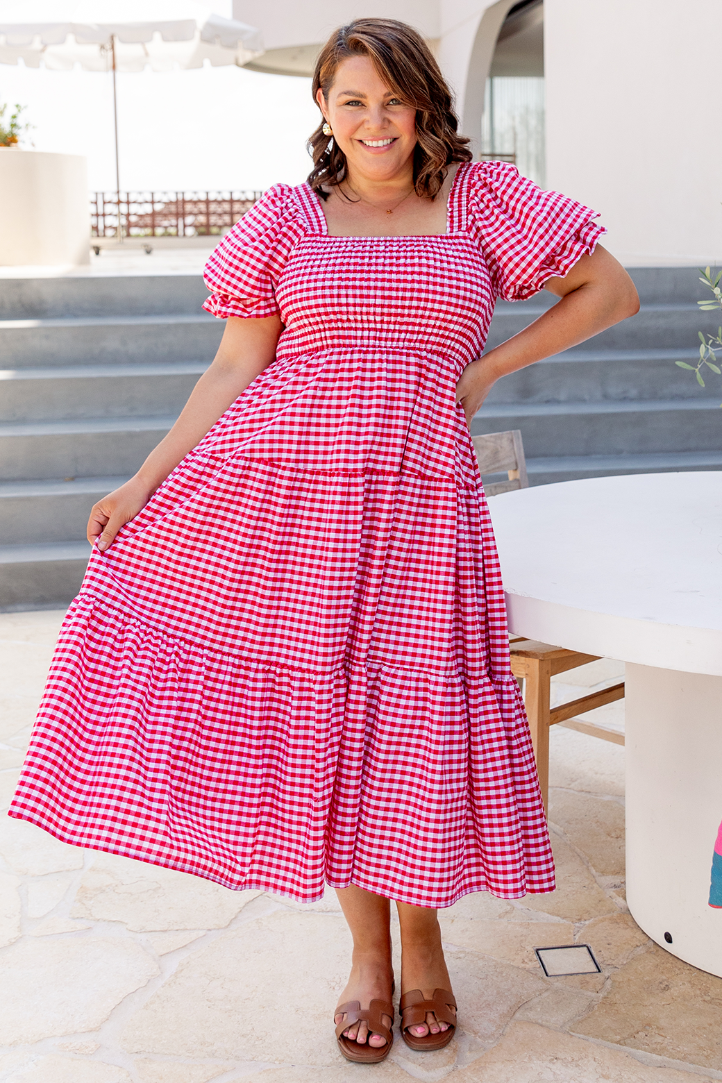 Farrah Puff Sleeve Midi Dress Red Gingham