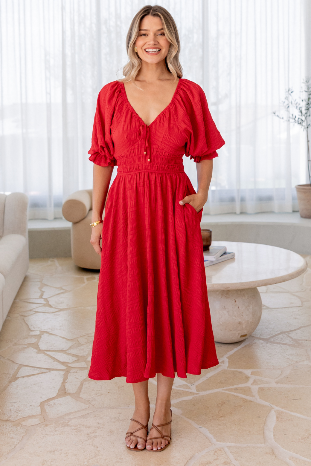 Jade V-Neck Puff Sleeve Midi Dress Red