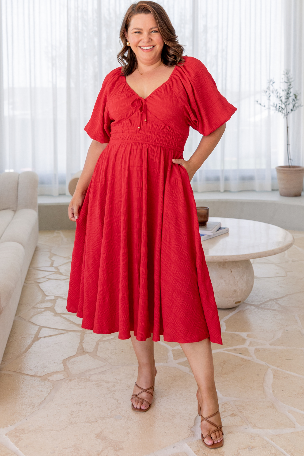 Jade V-Neck Puff Sleeve Midi Dress Red