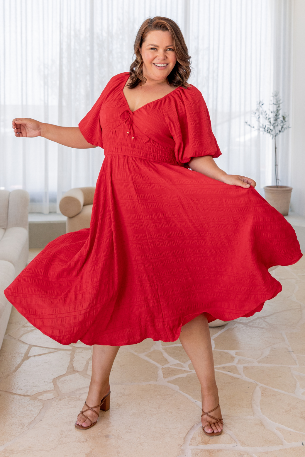 Jade V-Neck Puff Sleeve Midi Dress Red