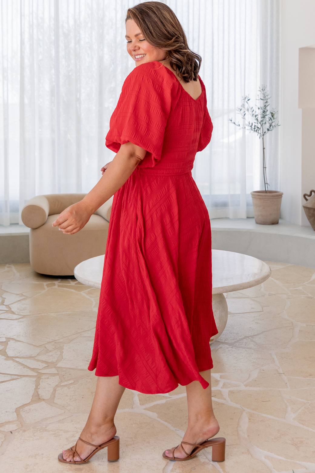 Jade V-Neck Puff Sleeve Midi Dress Red