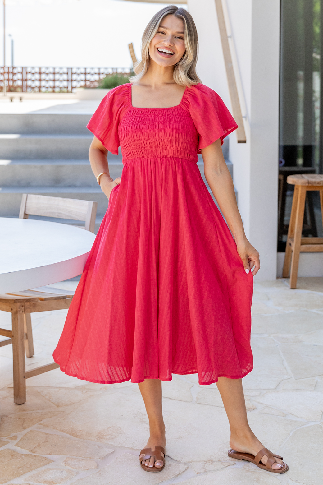 Jasmine Shirred Midi Dress Red