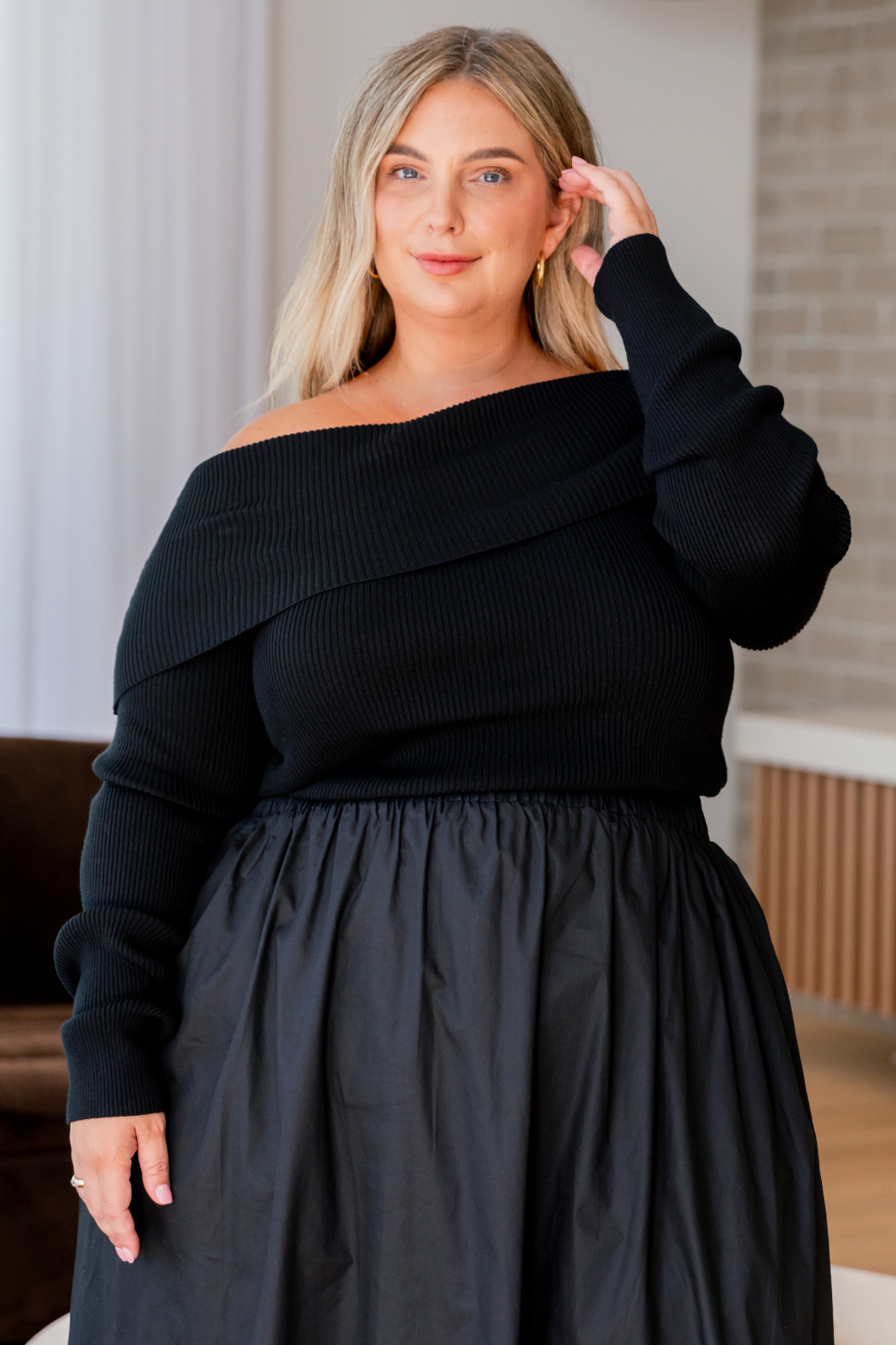 Kelsey Off Shoulder Long Sleeve Knit Top Black