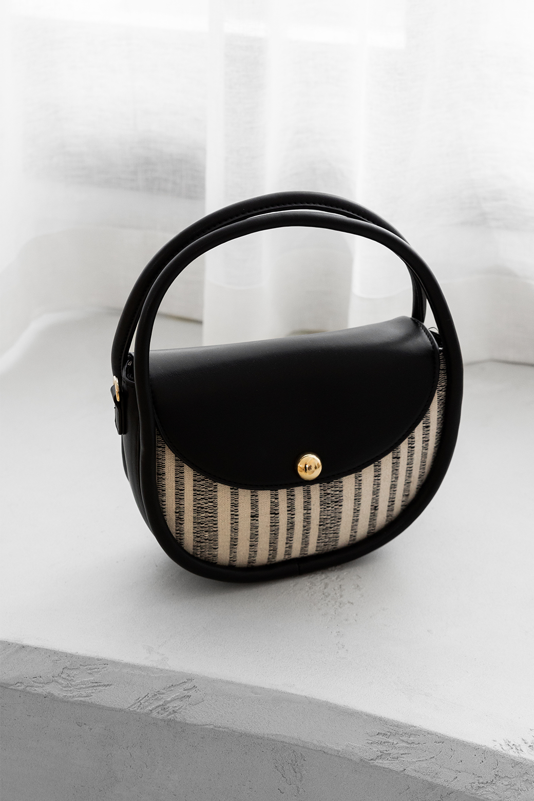 Adorne Violetta Stripe Weave Circular Mini Bag Black