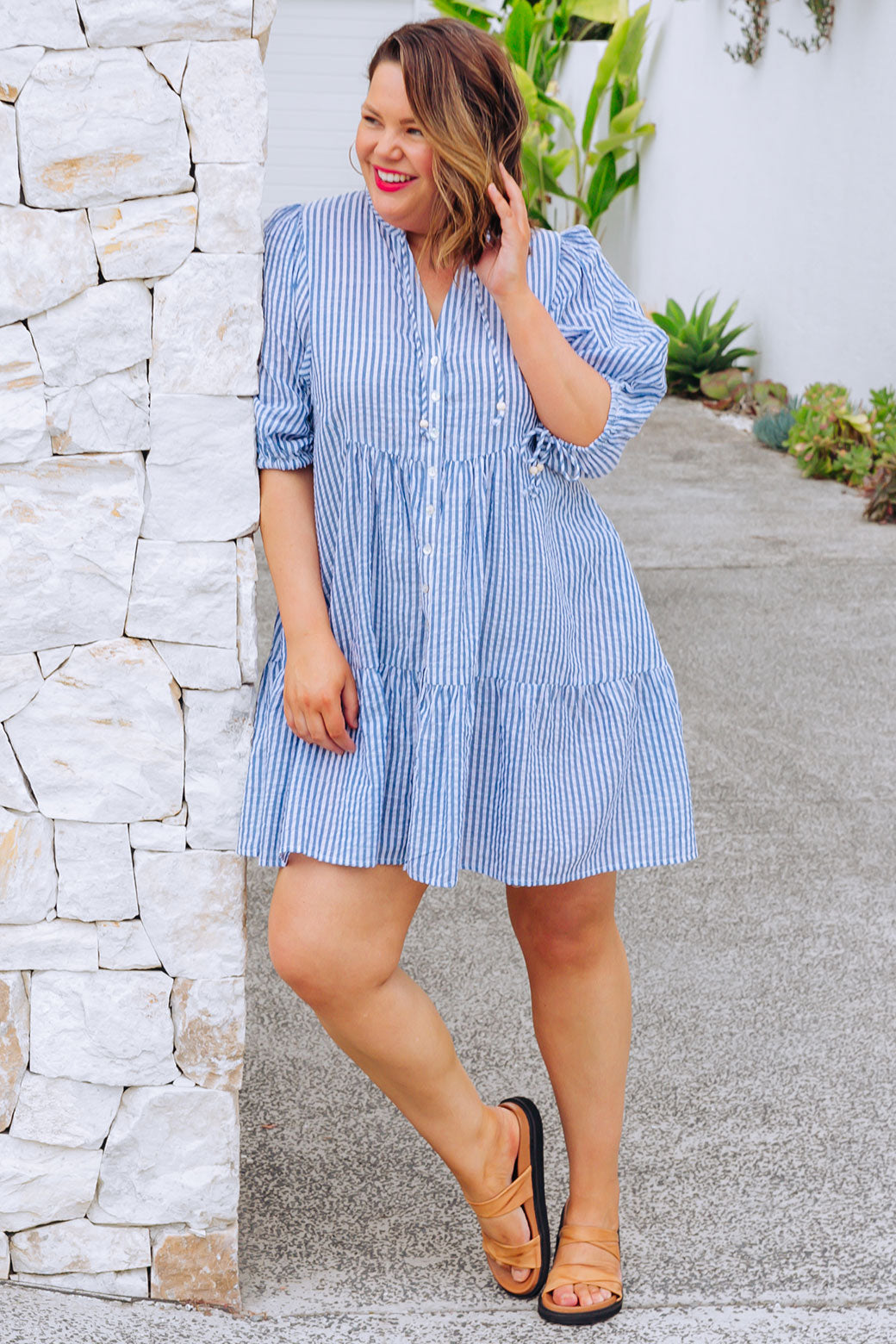 Paige Dress Mid Blue Stripe