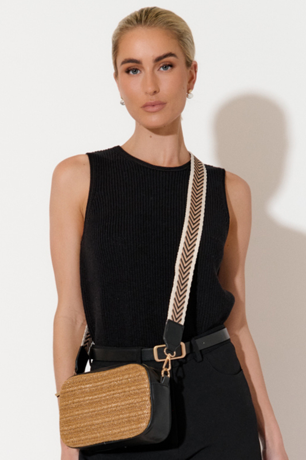 Adorne Hazel Woven Webbing Cross Body Bag Black