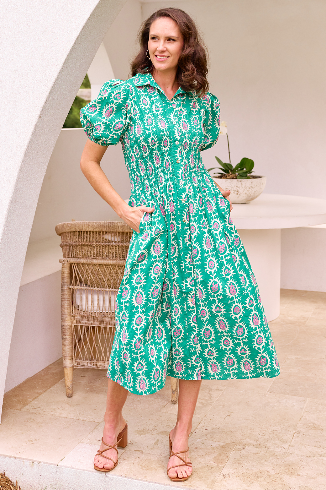 Samantha Midi Dress Frame Print Emerald