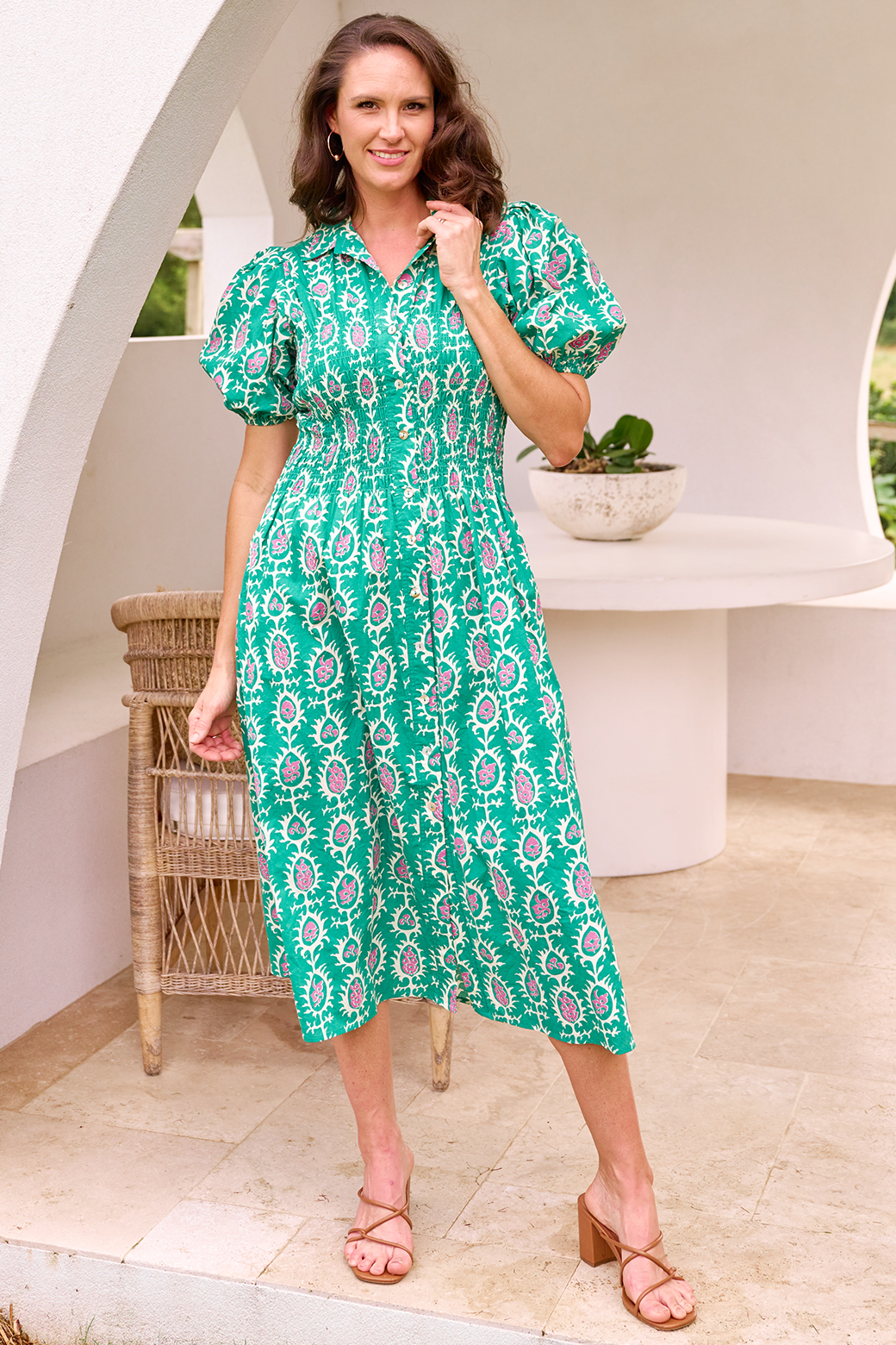 Samantha Midi Dress Frame Print Emerald