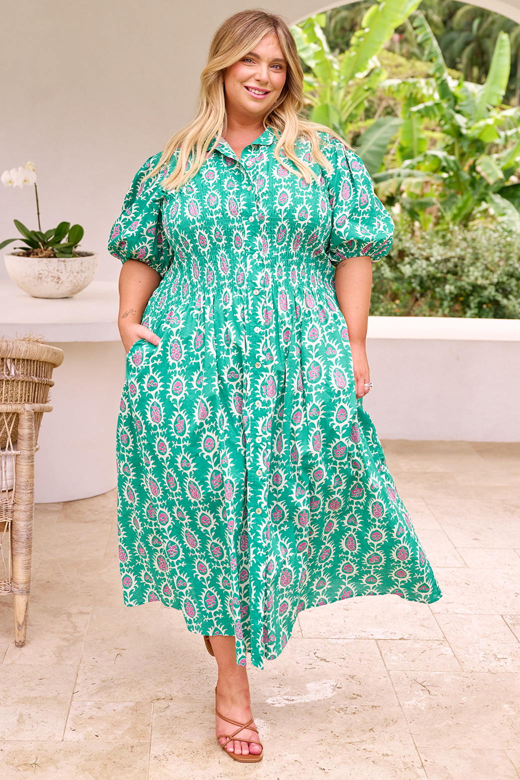 Samantha Midi Dress Frame Print Emerald