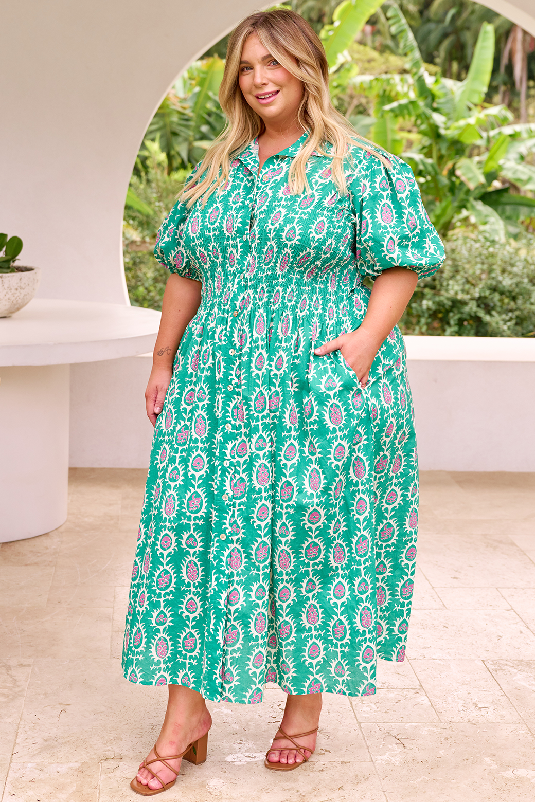 Samantha Midi Dress Frame Print Emerald