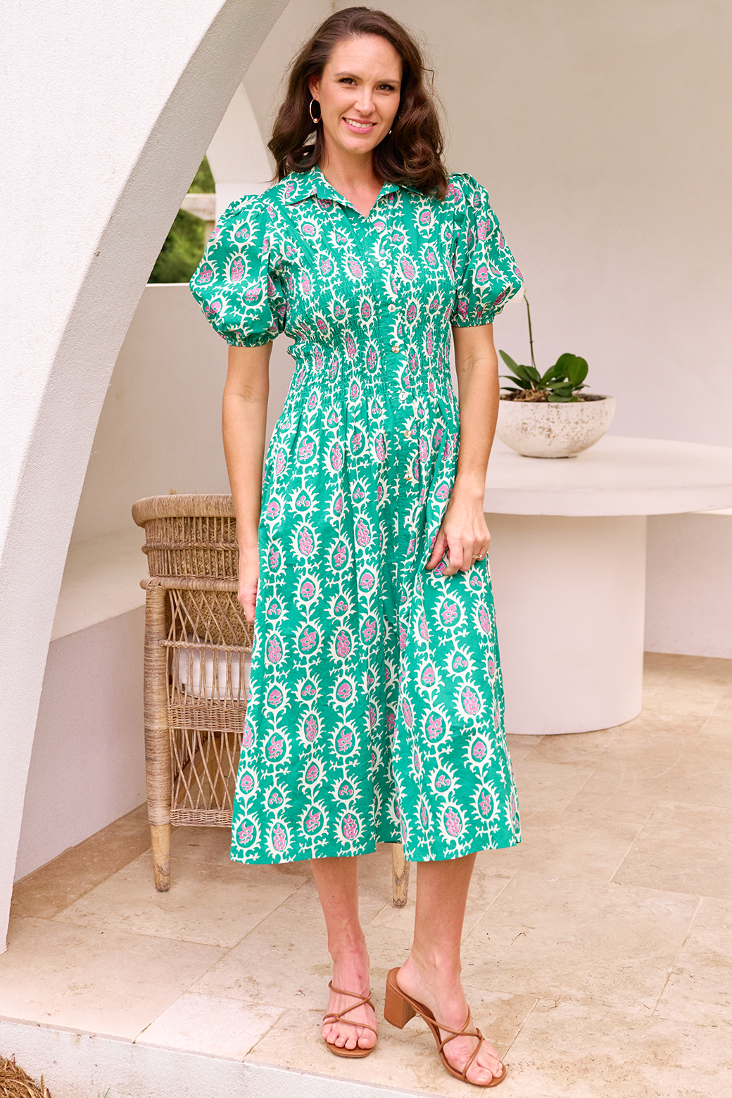 Samantha Midi Dress Frame Print Emerald