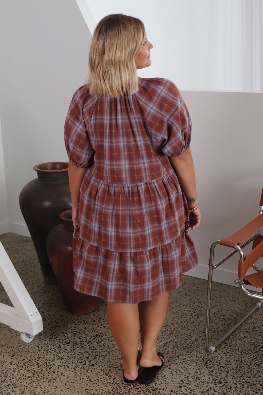 Tana Smock Dress Tan Check