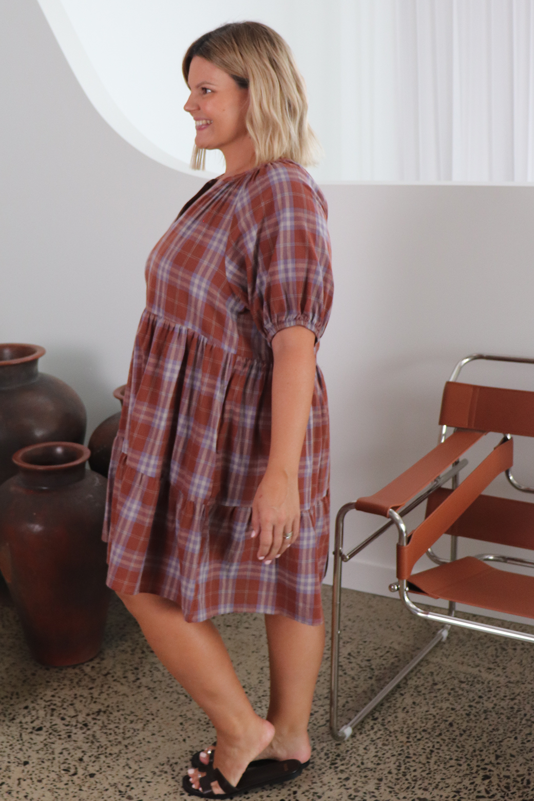 Tana Smock Dress Tan Check