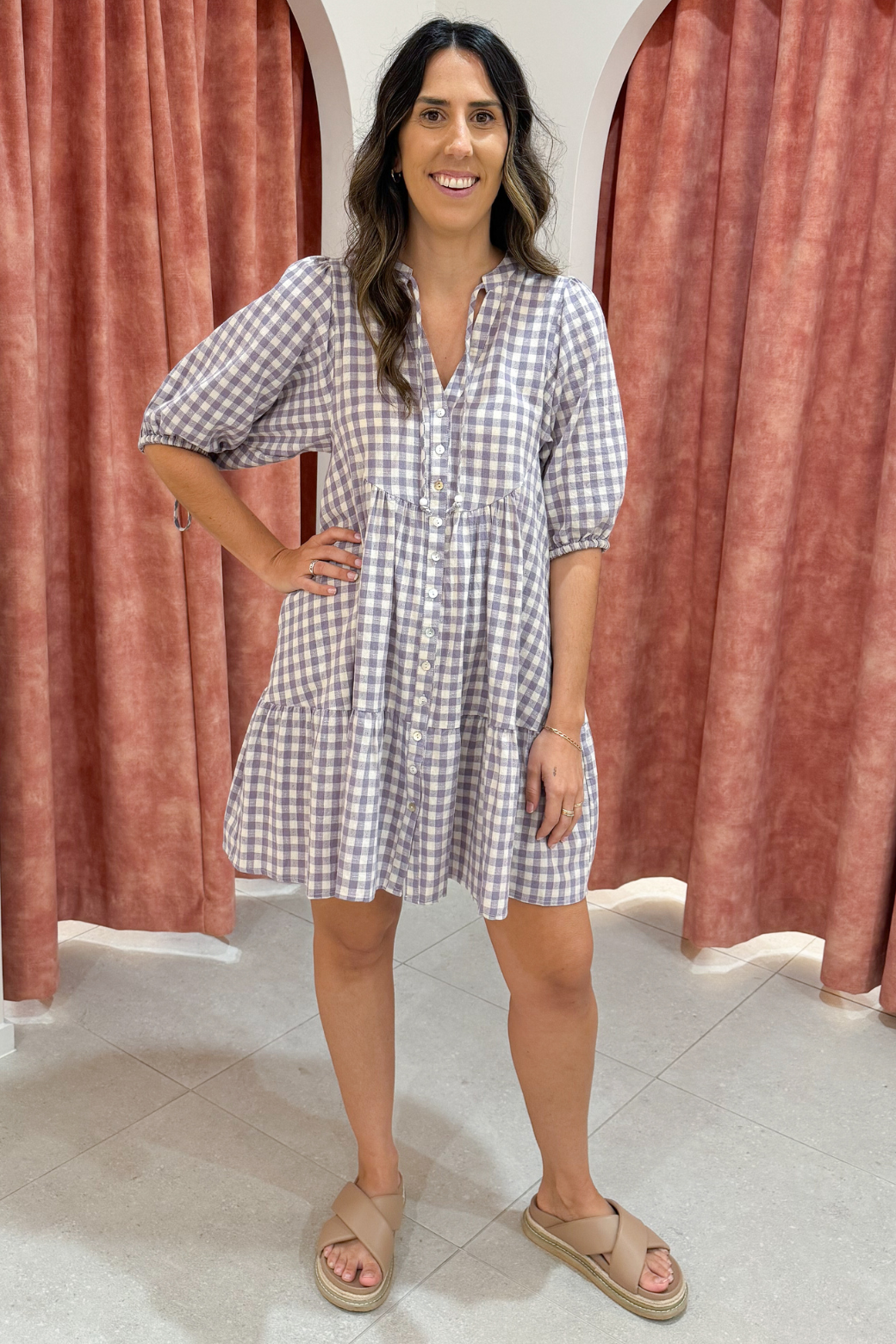 Taylah Dress Heather Grape Gingham