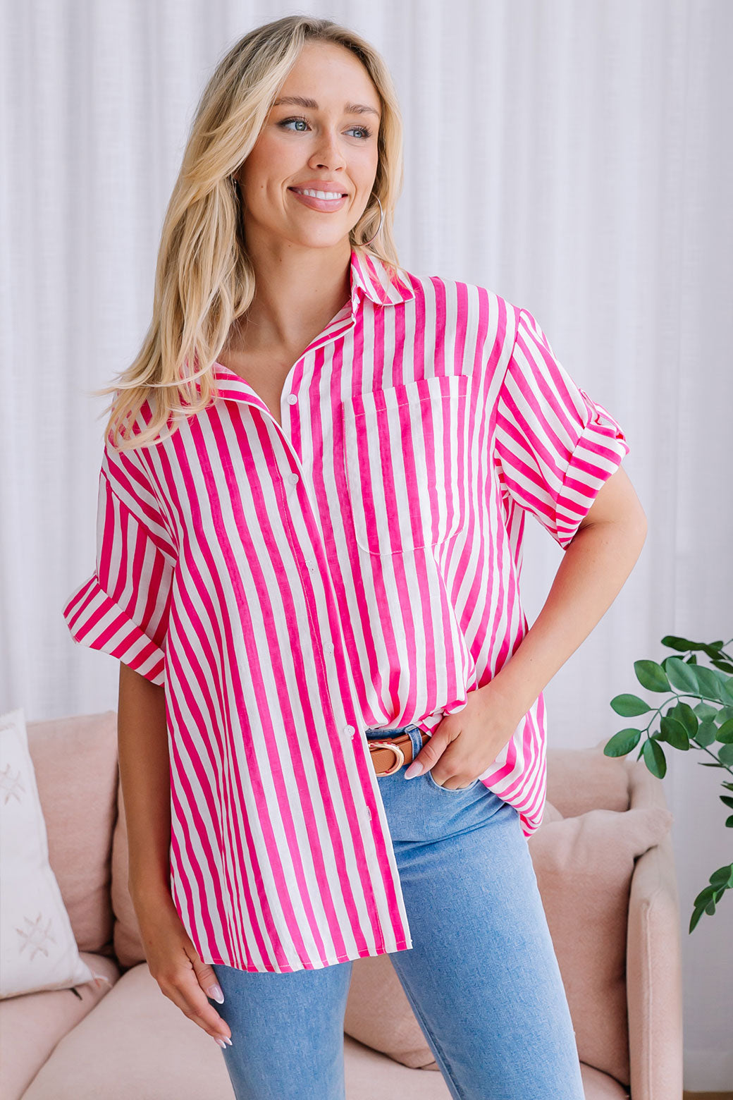 Tori Blouse Pink White Stripe