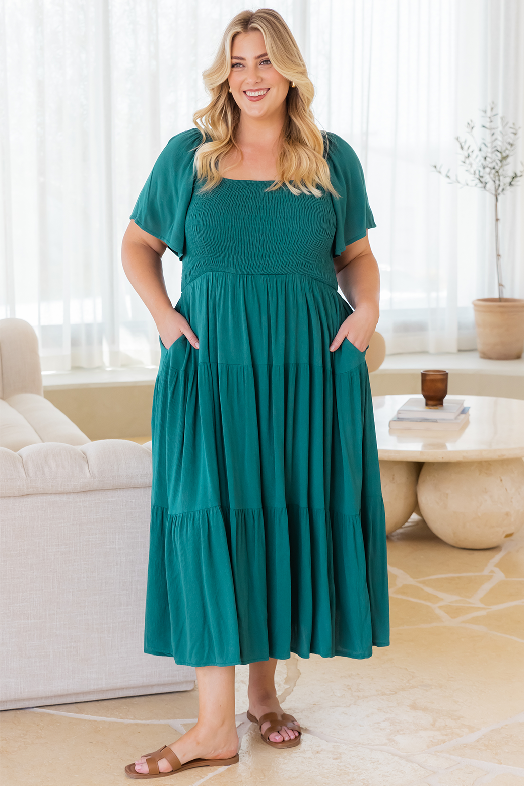 Willow Shirred Midi Dress Spruced Up Green