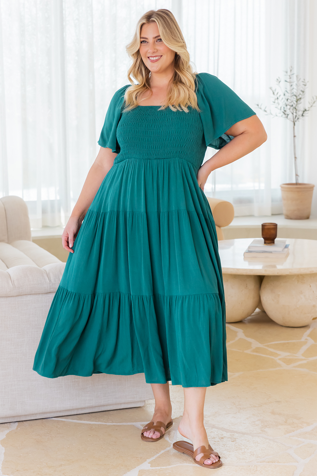 Willow Shirred Midi Dress Spruced Up Green