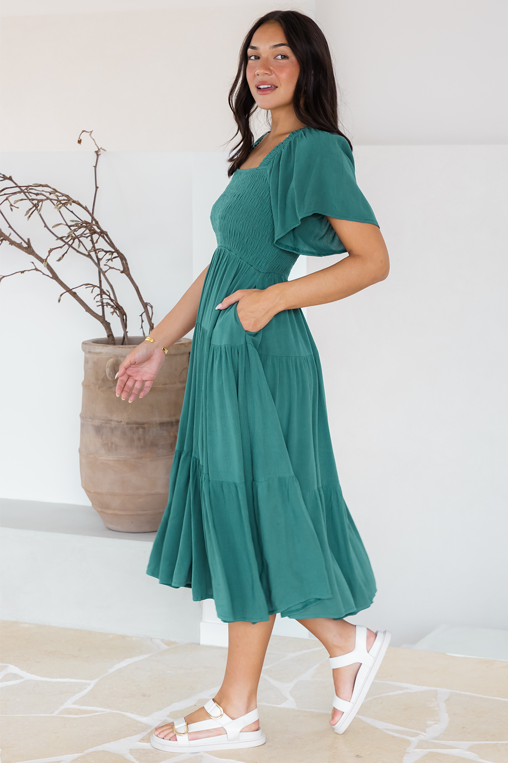 Willow Shirred Midi Dress Spruced Up Green