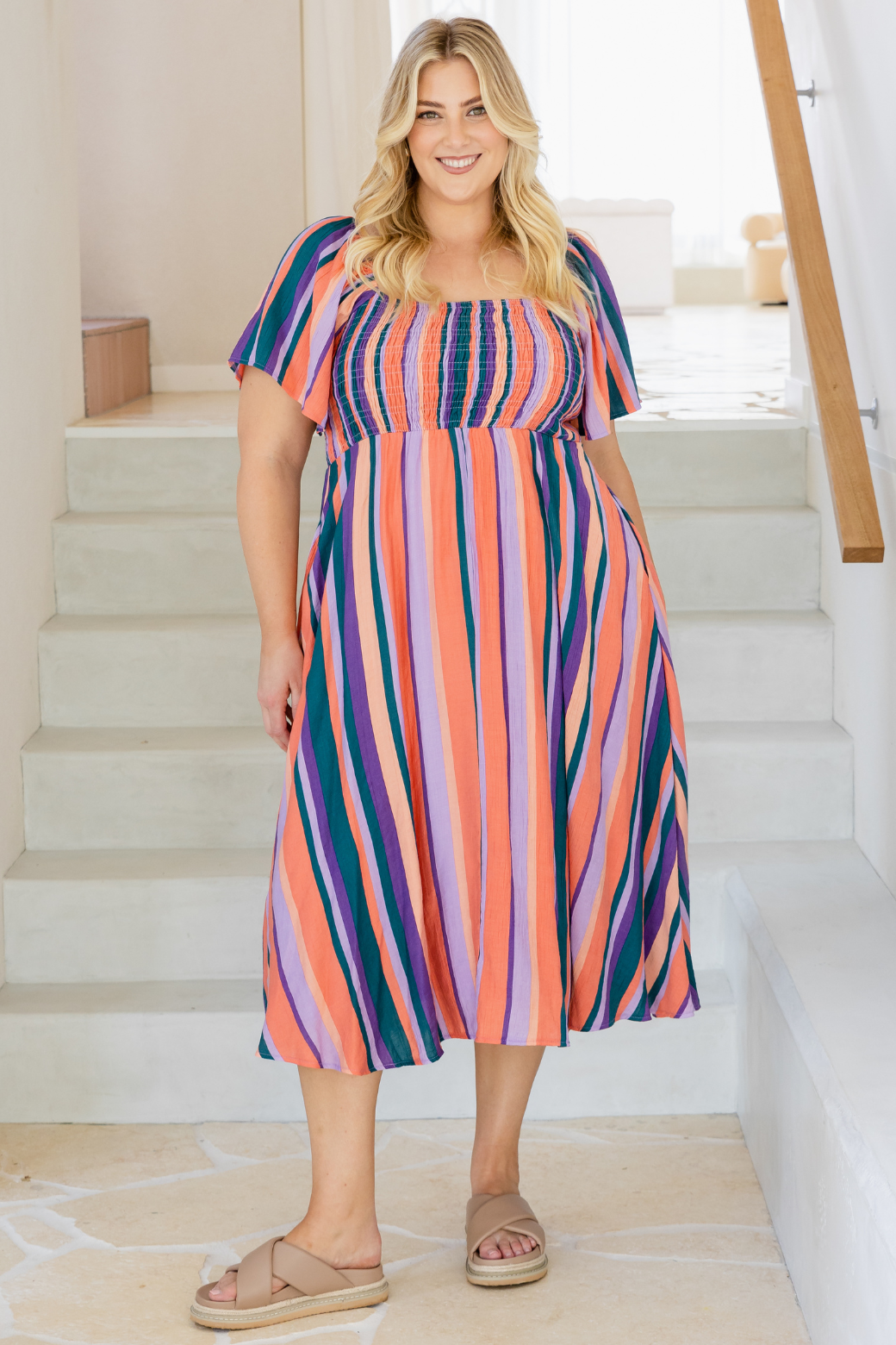 Ailish Shirred Midi Dress Milan Stripe