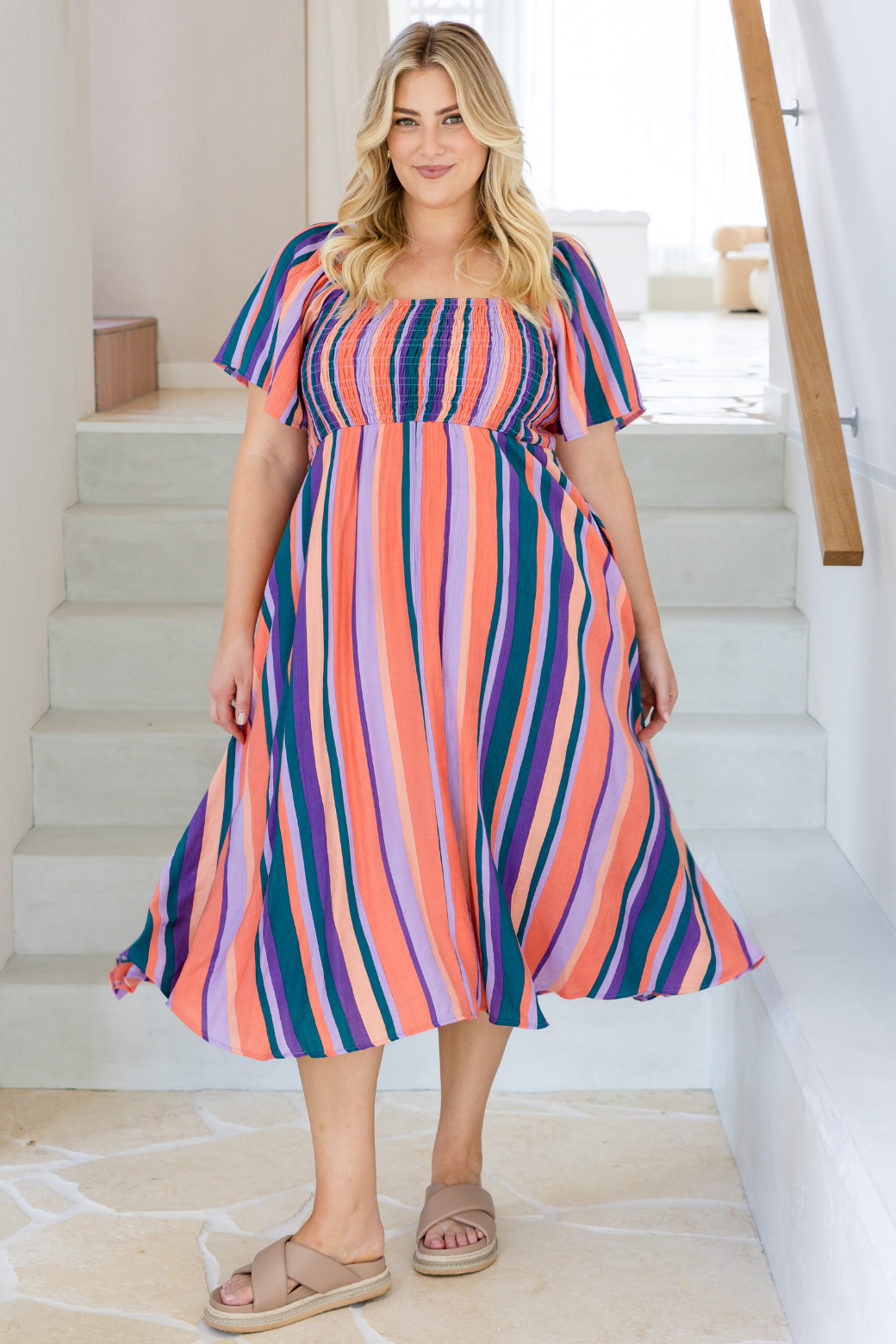 Ailish Shirred Midi Dress Milan Stripe