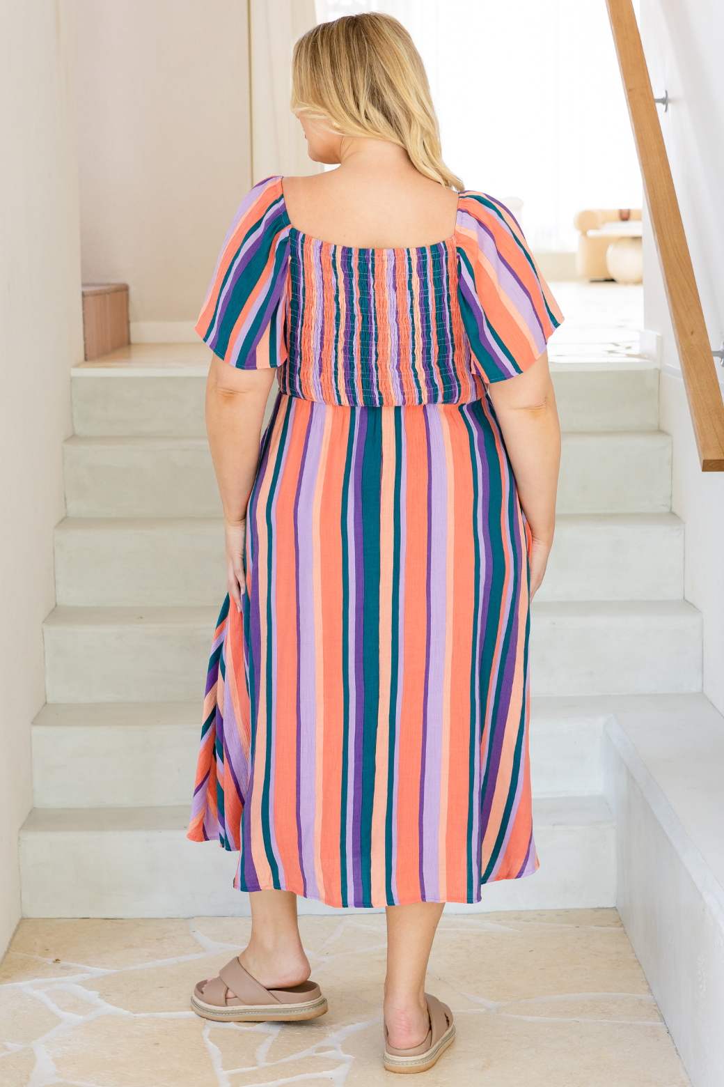 Ailish Shirred Midi Dress Milan Stripe